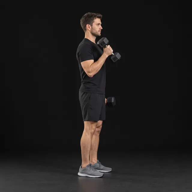A person doing hammer curls (dumbbells)